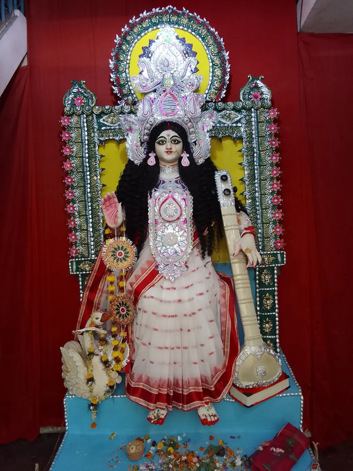 Decorated idol of Goddess Saraswati during Saraswati Puja