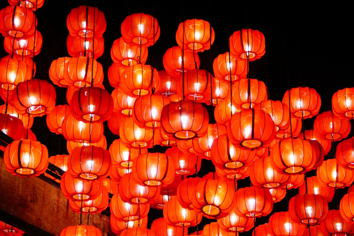 Rows of glowing red lanterns hung for Chinese New Year in Singapore