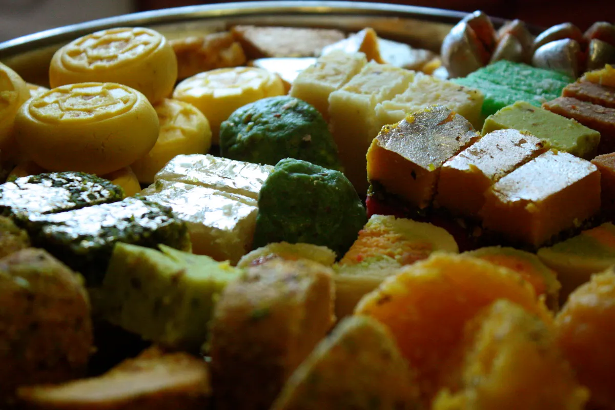 Plates of colourful Diwali sweets