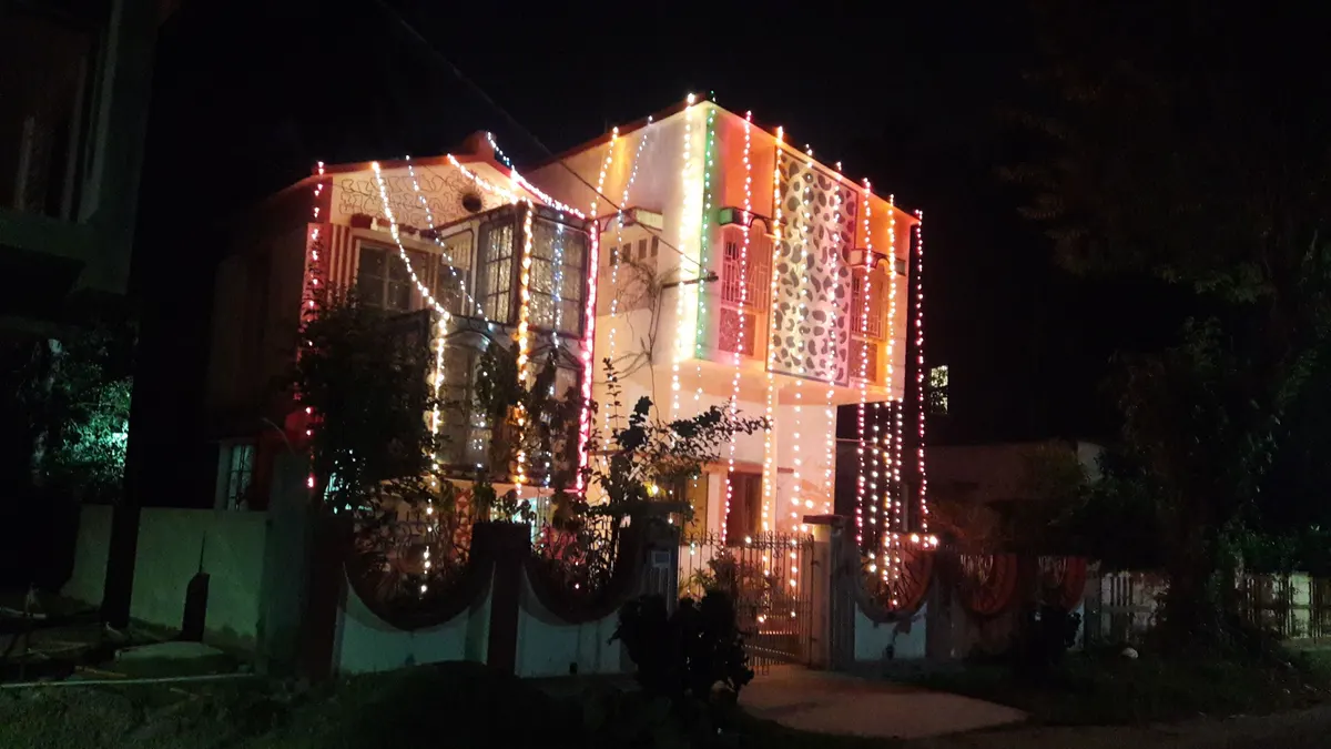 A house lit up with lights for Diwali, the festival of lights