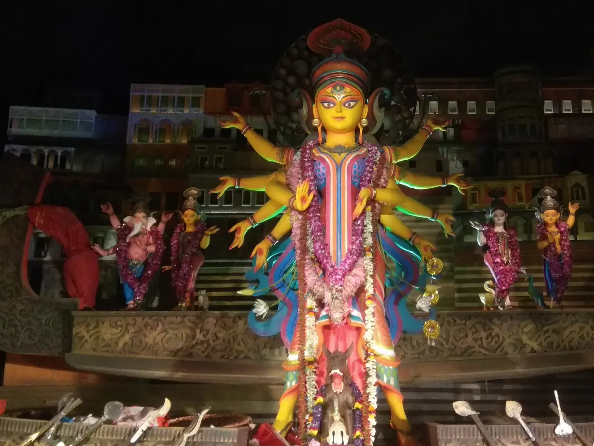 Decorated idol of Goddess Durga inside a pandal in Kolkata