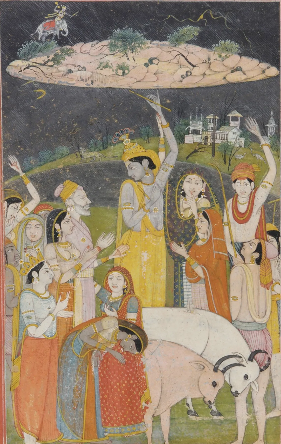 Painting of Krishna lifting Govardhan hill as villagers shelter beneath it