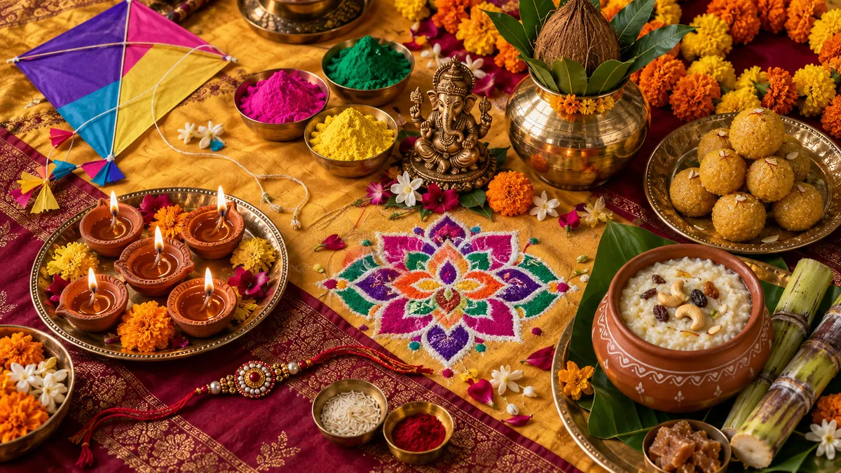Diyas, Holi colours, a kite, rakhi, rangoli, laddoos, pongal and a Ganesha idol on festive cloth