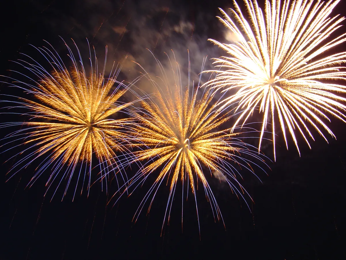 Gold and white fireworks bursting across a dark New Year night sky
