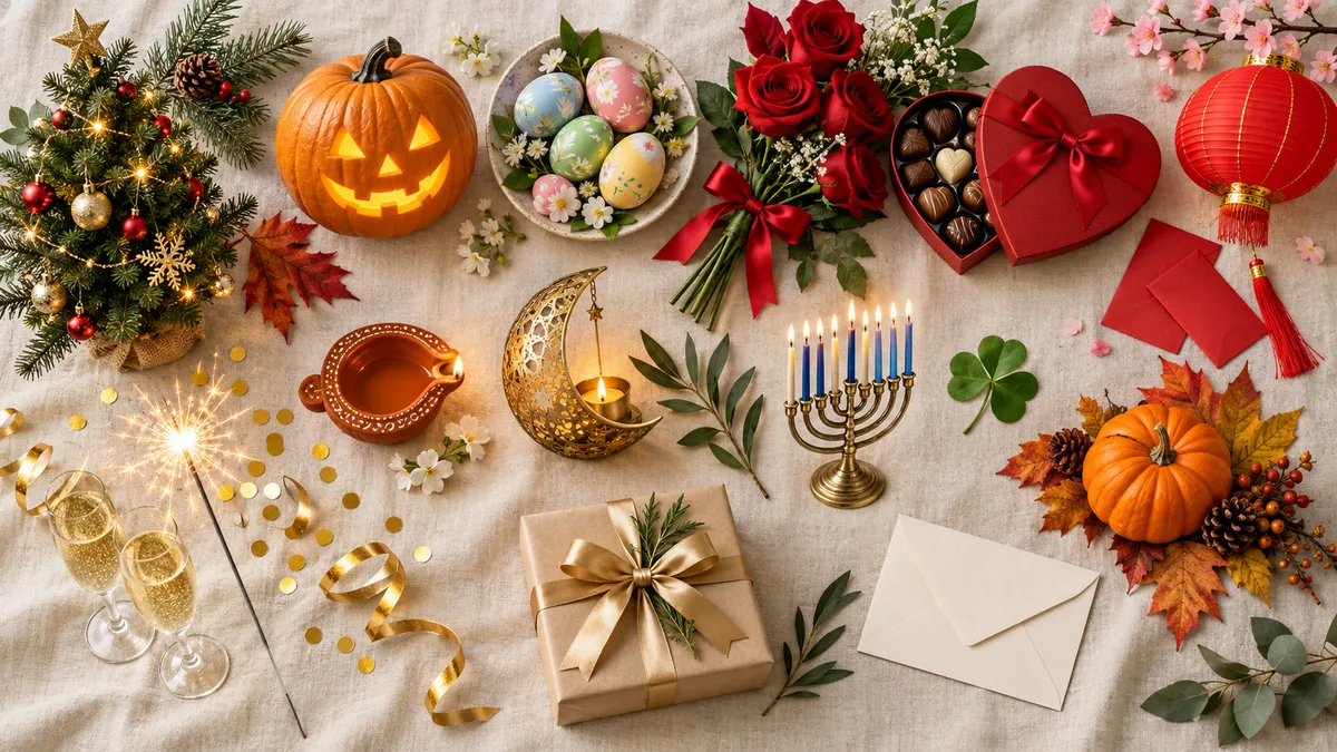 Christmas tree, jack-o'-lantern, Easter eggs, roses, a Chinese lantern, a menorah and gifts on linen