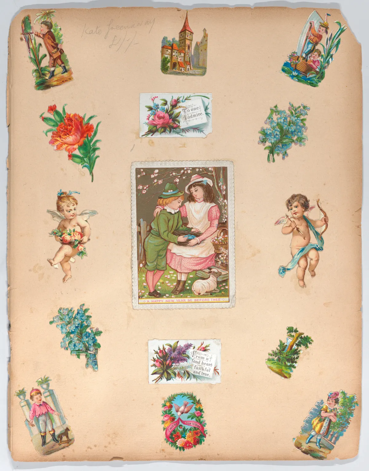 A Victorian Valentine scrapbook page with cupids and flowers