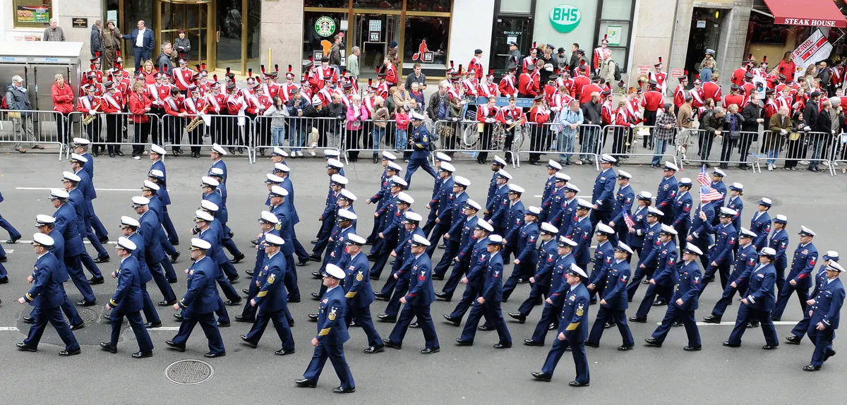 Service members marching down Fifth Avenue in the New York City Veterans Day Parade