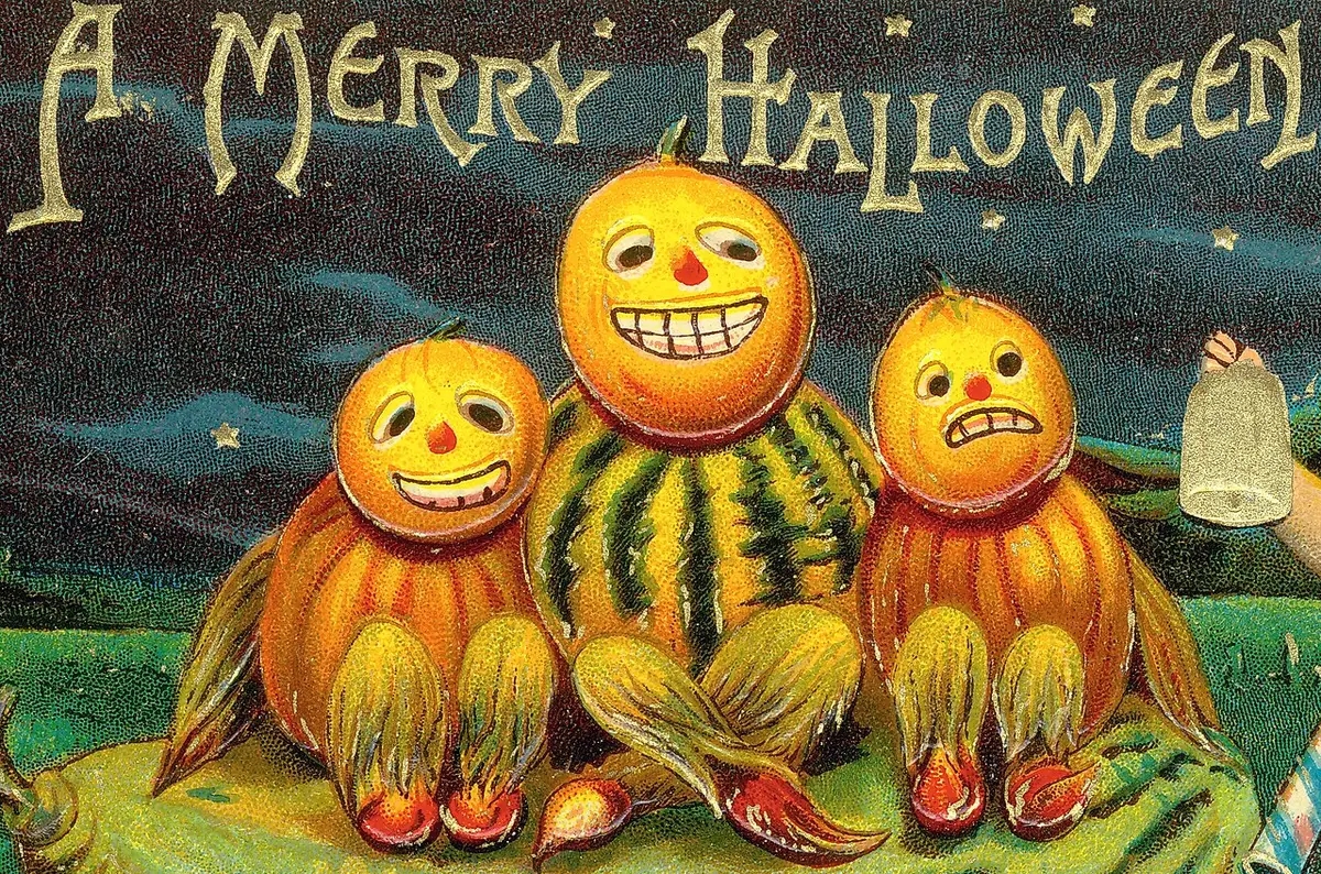 Vintage A Merry Halloween postcard with three grinning pumpkin-headed figures under a starry night sky