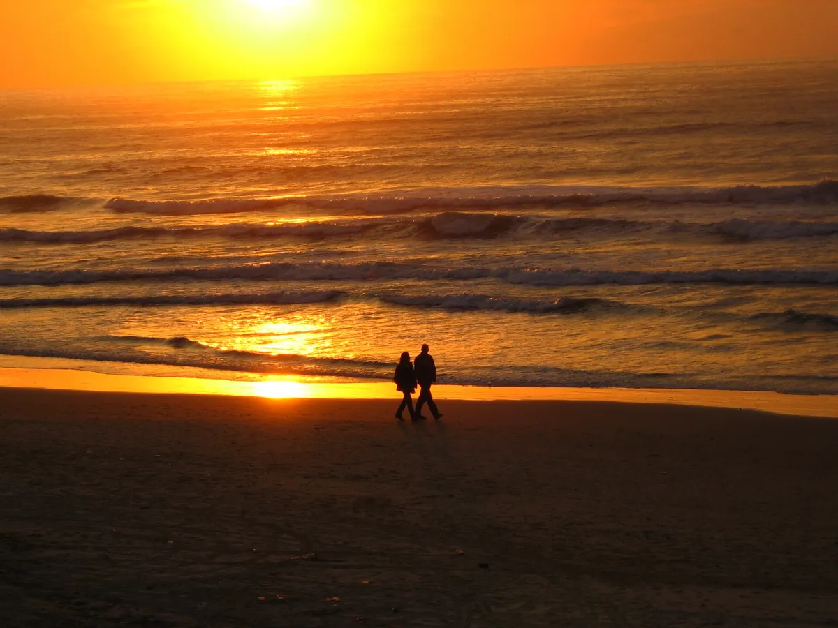 Silhouette of a couple walking along a beach at sunset