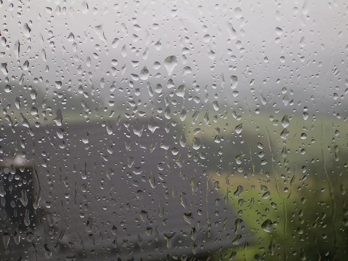 Raindrops on a window pane with a misty green field behind the glass