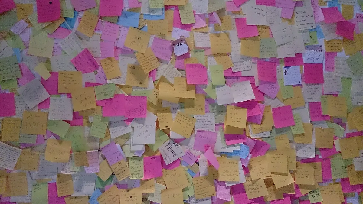 Wall covered in handwritten sticky notes